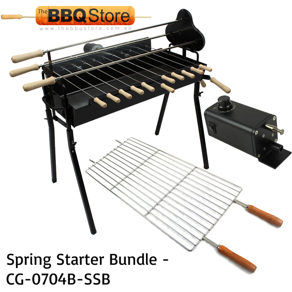 Cyprus Grill Starter Bundle - Deluxe Auto (Black) Souvla Package Deal with 20kg Variable Speed Motor & Raised Grill - CG-0704B-SSB-BUNDLE