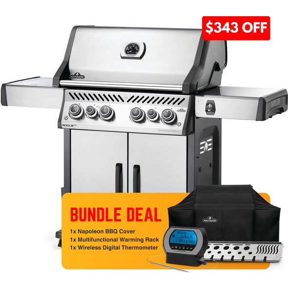 Napoleon Rogue 525 4 Burner 304 SS - Side Burner + Rear Burner + SS Grills - Backyard BBQ Bundle