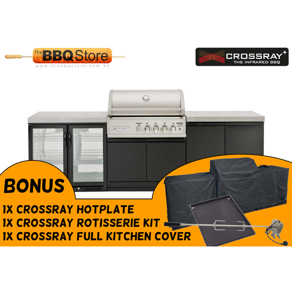 CROSSRAY Kitchen BBQ Burner Double side cabinets with flat benchtops & 2 Door fridge (L) - TC4K-09-BUN With Bonus Accessories